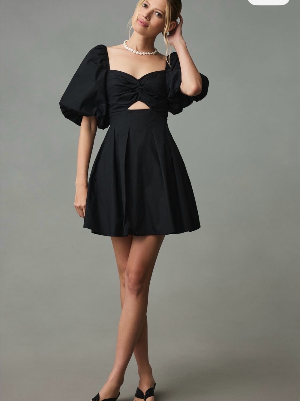 Anthro- Moon River Puff-Sleeve Twist Front Mini Dress with Cutout
